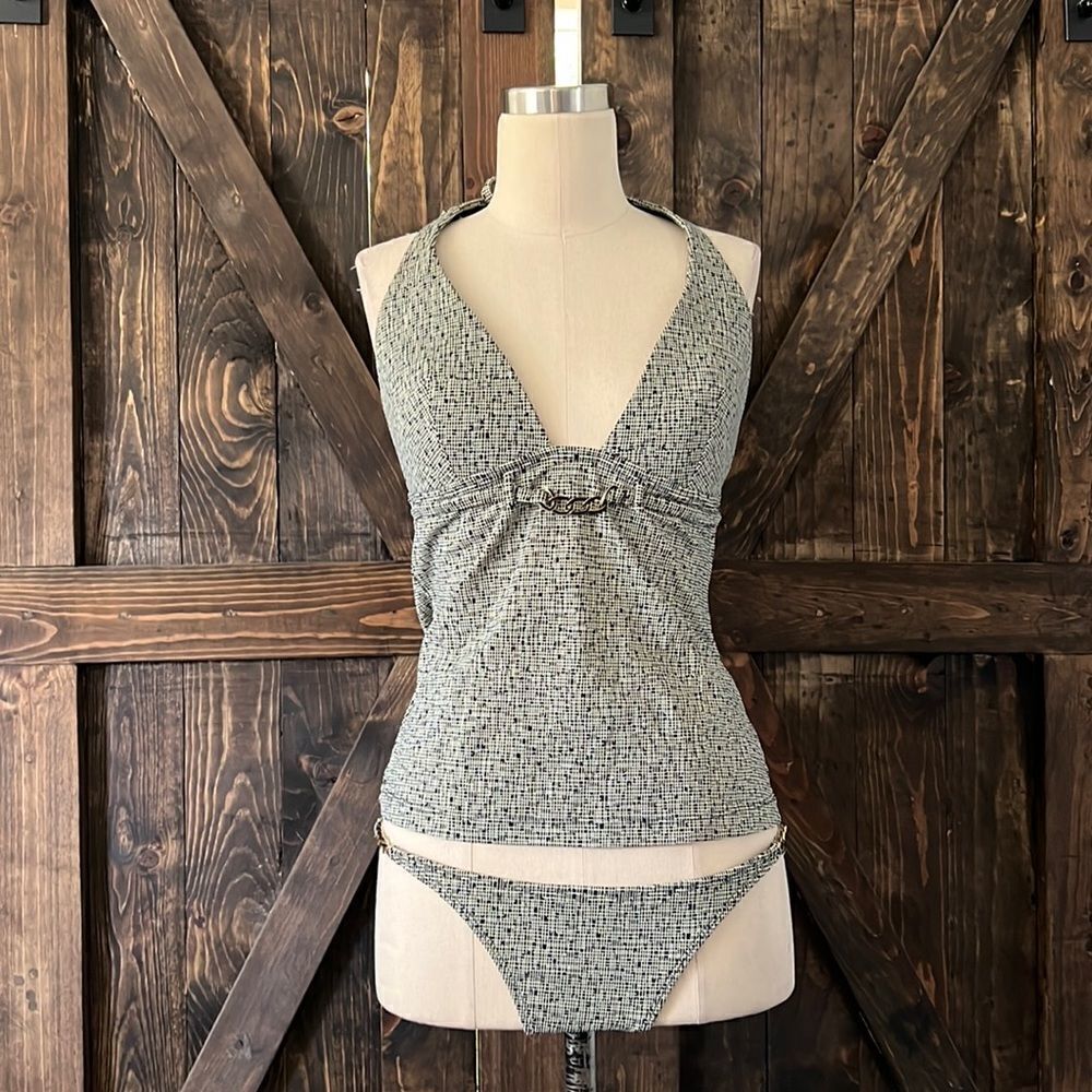 Grey Textured Halter Tankini Bikini Set